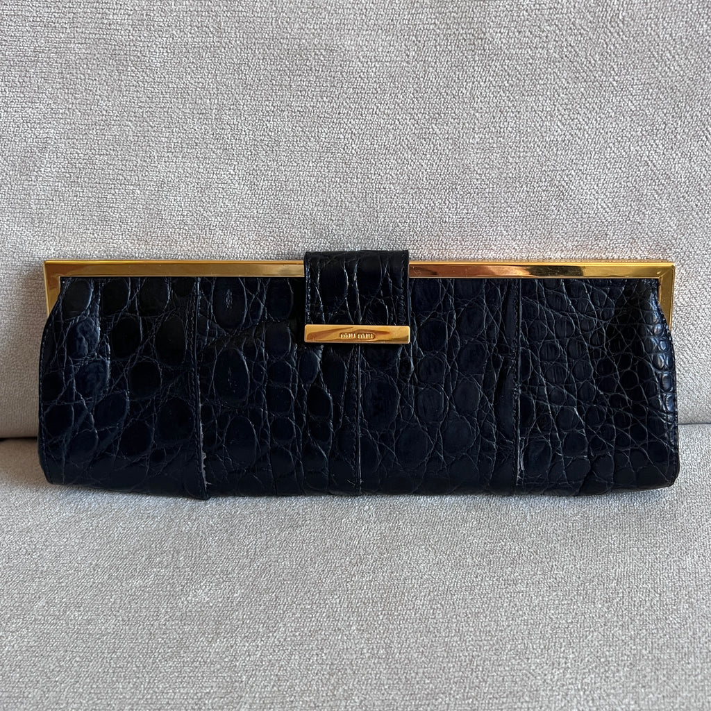 Miu Miu Black Embossed Croc Leather Clutch