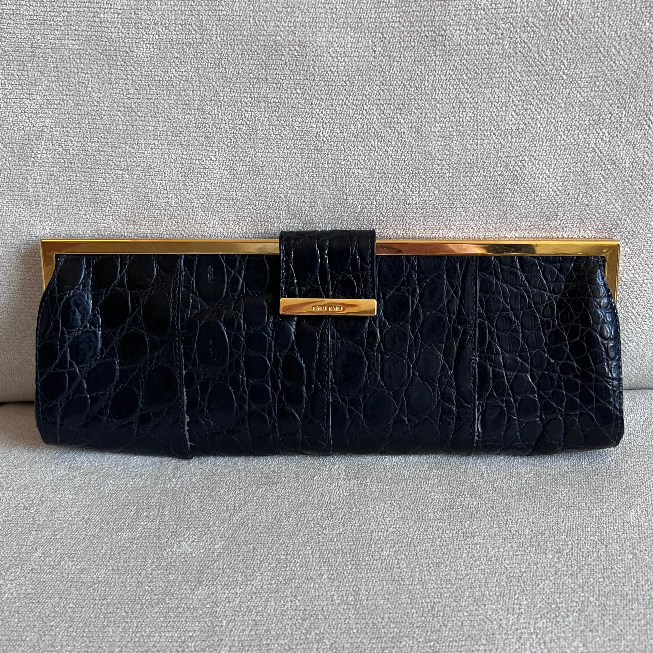 Miu Miu Black Embossed Croc Leather Clutch
