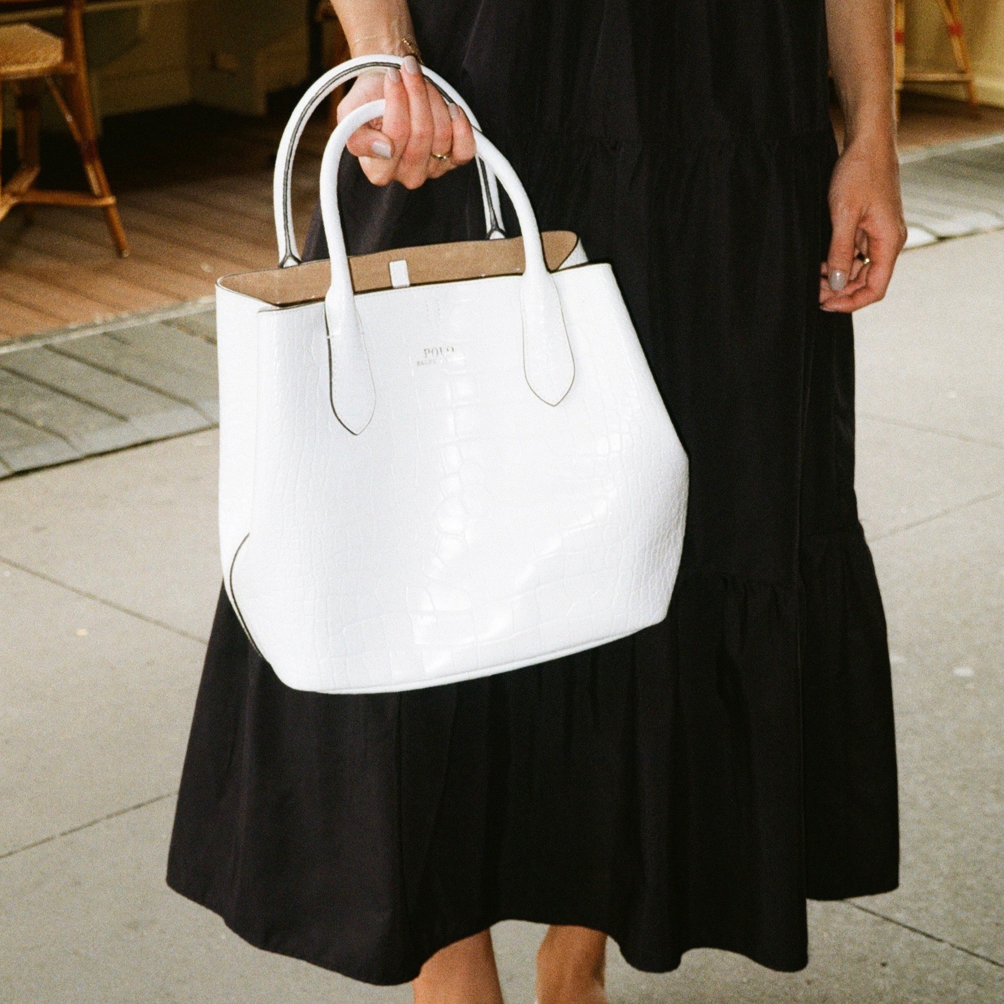 White Polo Ralph Lauren Bellport Embossed Tote, Medium