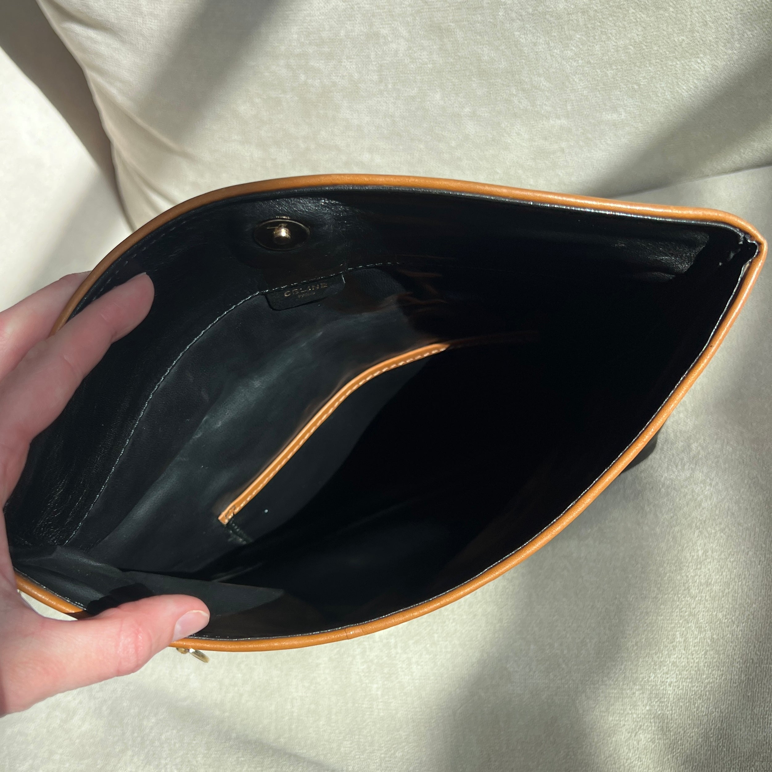 Celine Black Leather Triomphe Folding Clutch