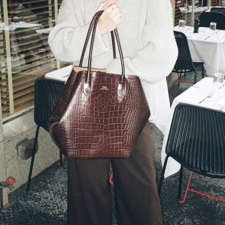 Brown Polo Ralph Lauren Bellport Embossed Tote, Large