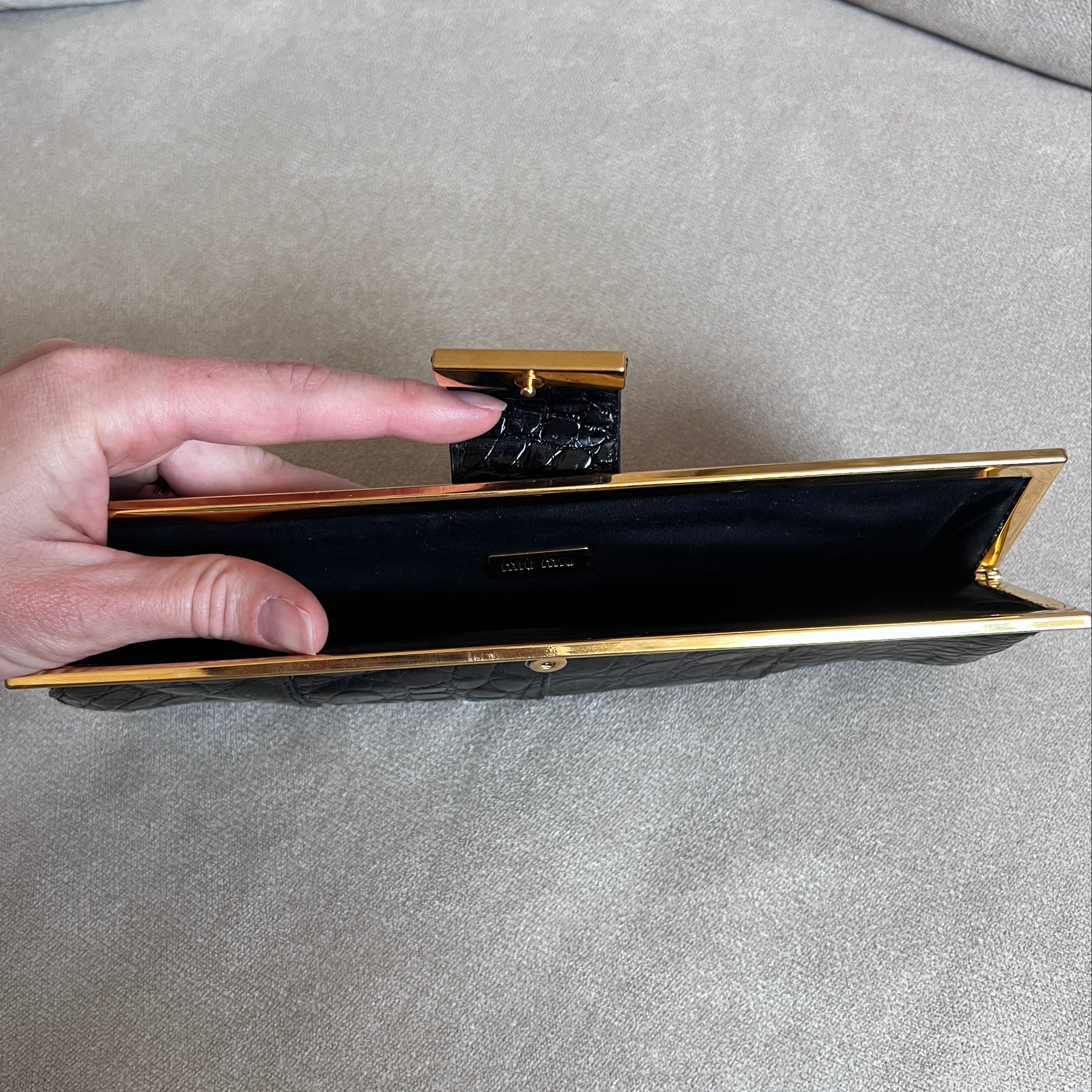 Miu Miu Black Embossed Croc Leather Clutch