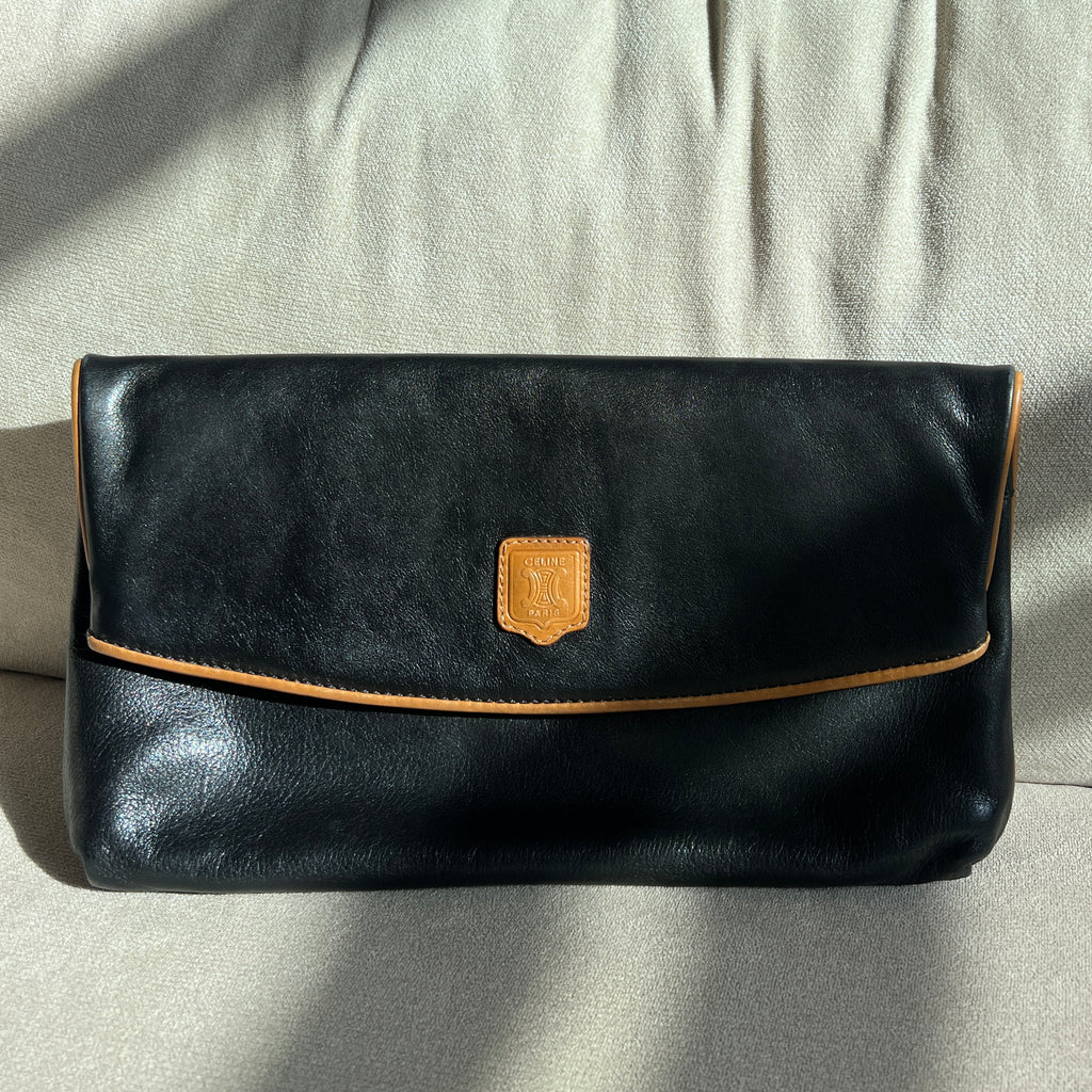 Celine Black Leather Triomphe Folding Clutch