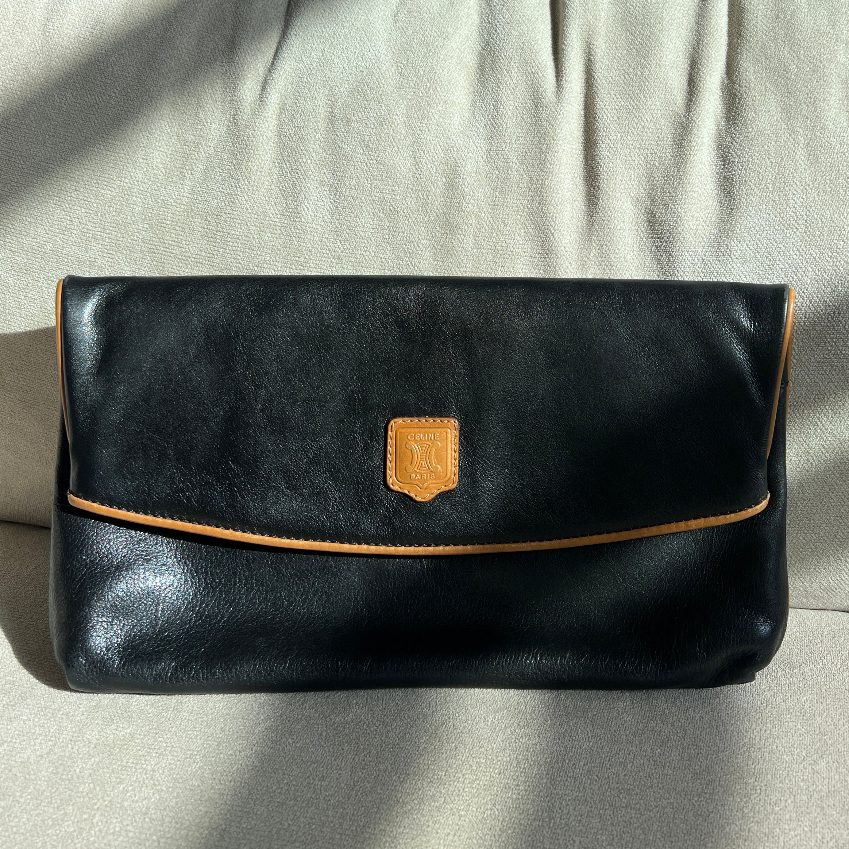 Celine Black Leather Triomphe Folding Clutch