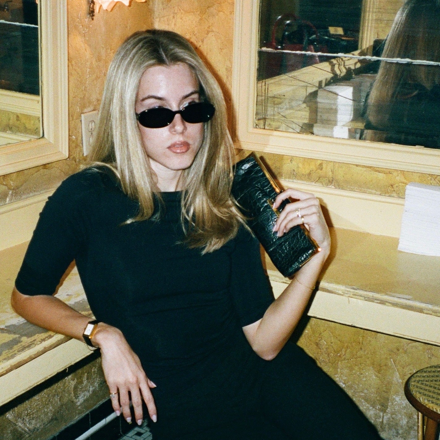 Miu Miu Black Embossed Croc Leather Clutch