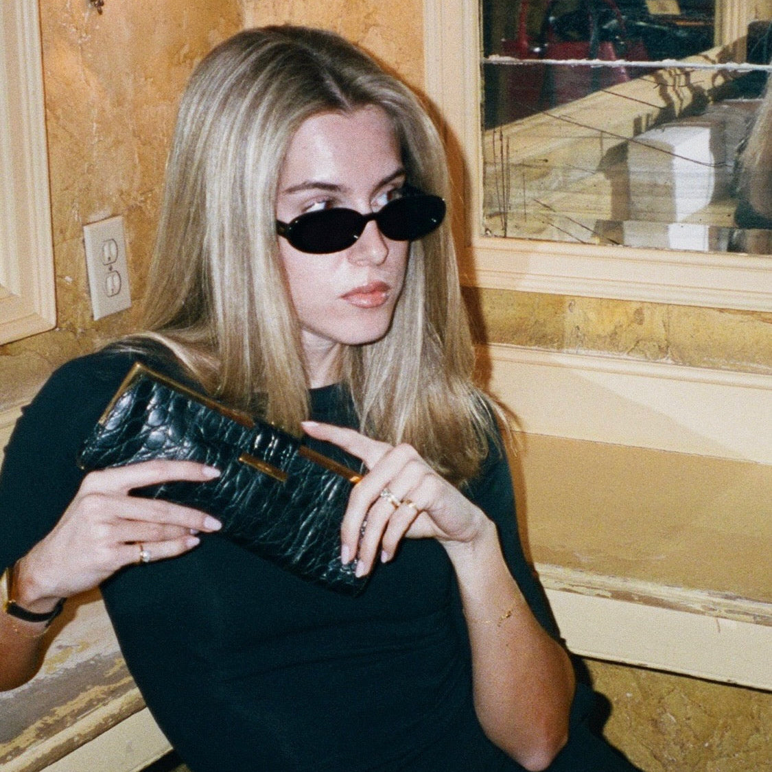 Miu Miu Black Embossed Croc Leather Clutch