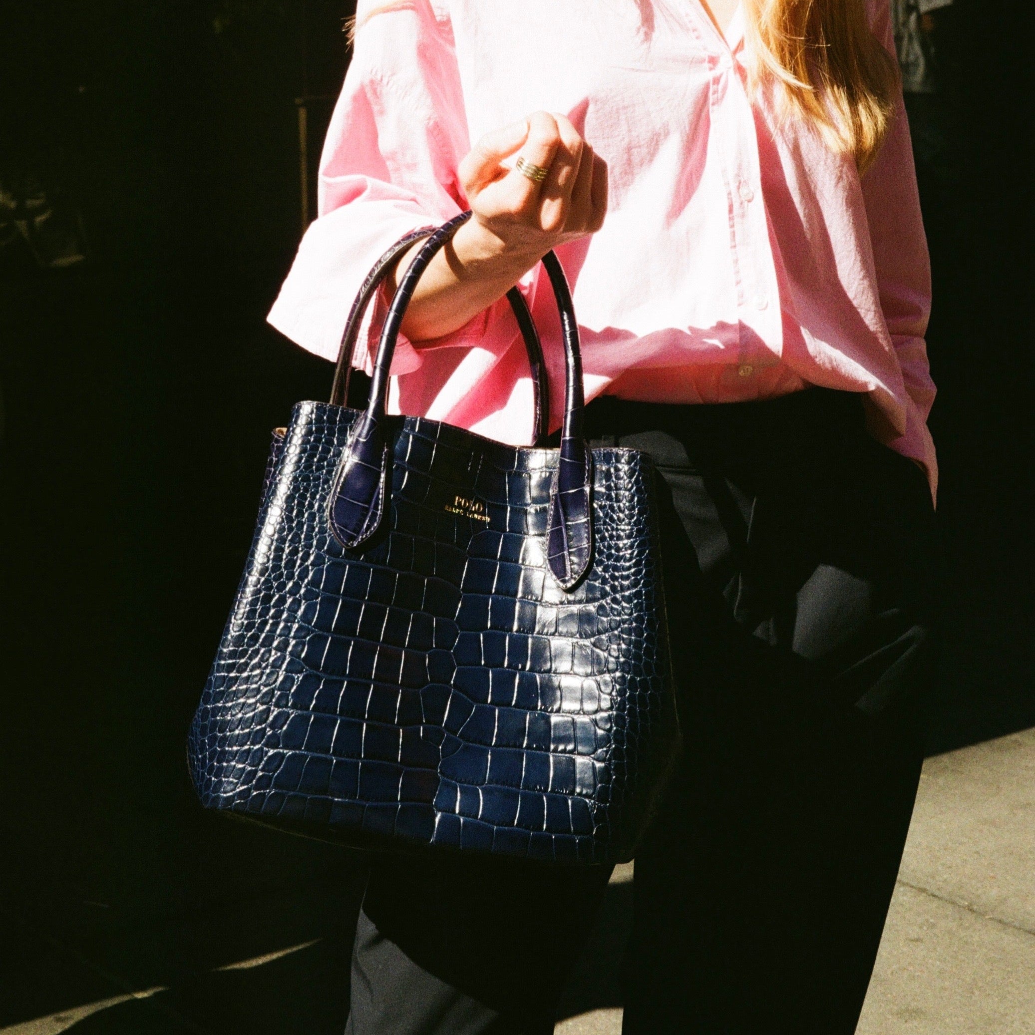 Navy Polo Ralph Lauren Bellport Embossed Tote, Medium