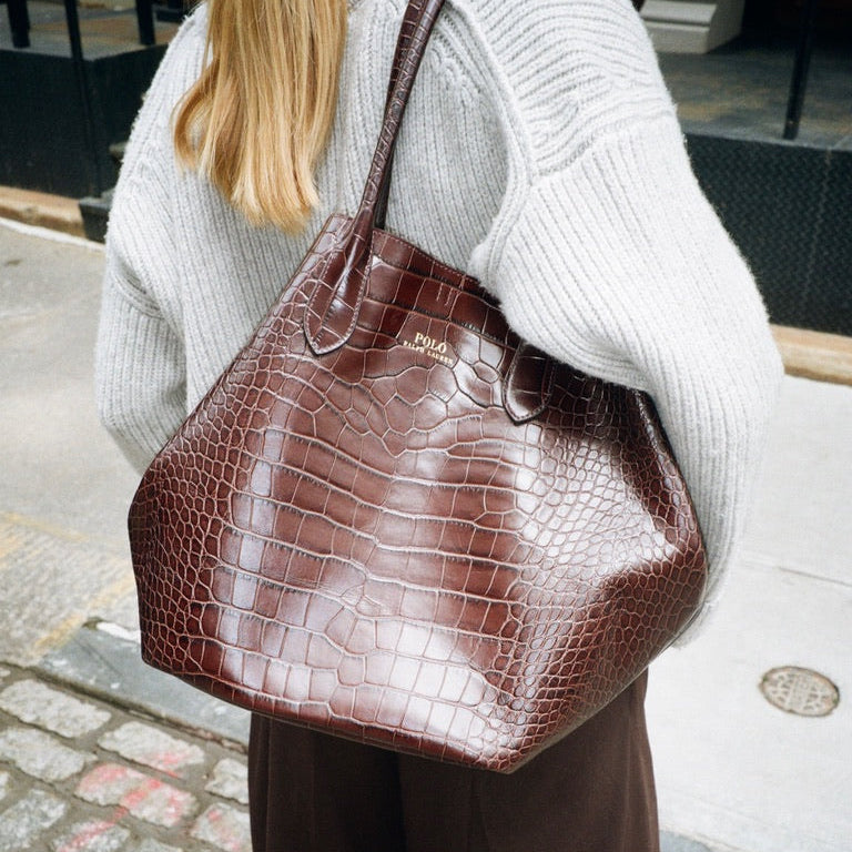 Brown Polo Ralph Lauren Bellport Embossed Tote, Large