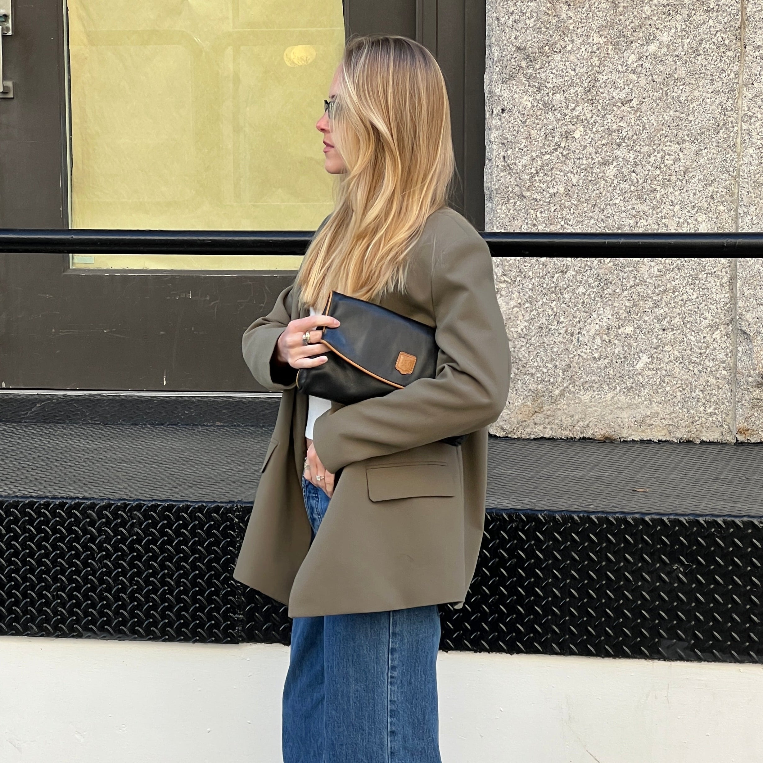 Celine Black Leather Triomphe Folding Clutch