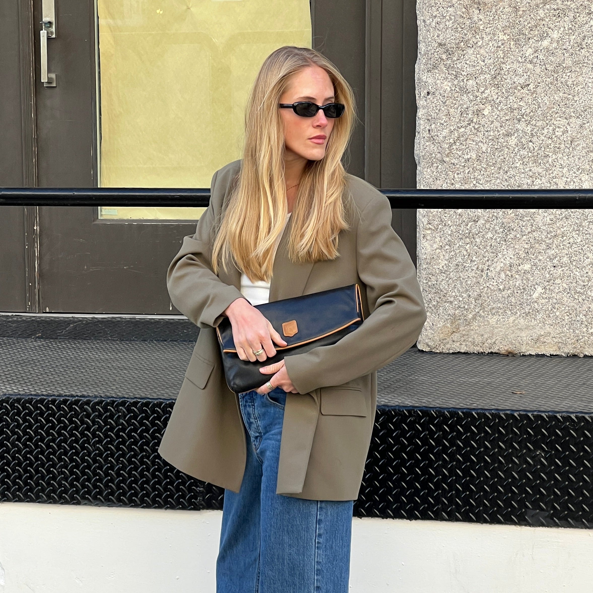 Celine Black Leather Triomphe Folding Clutch