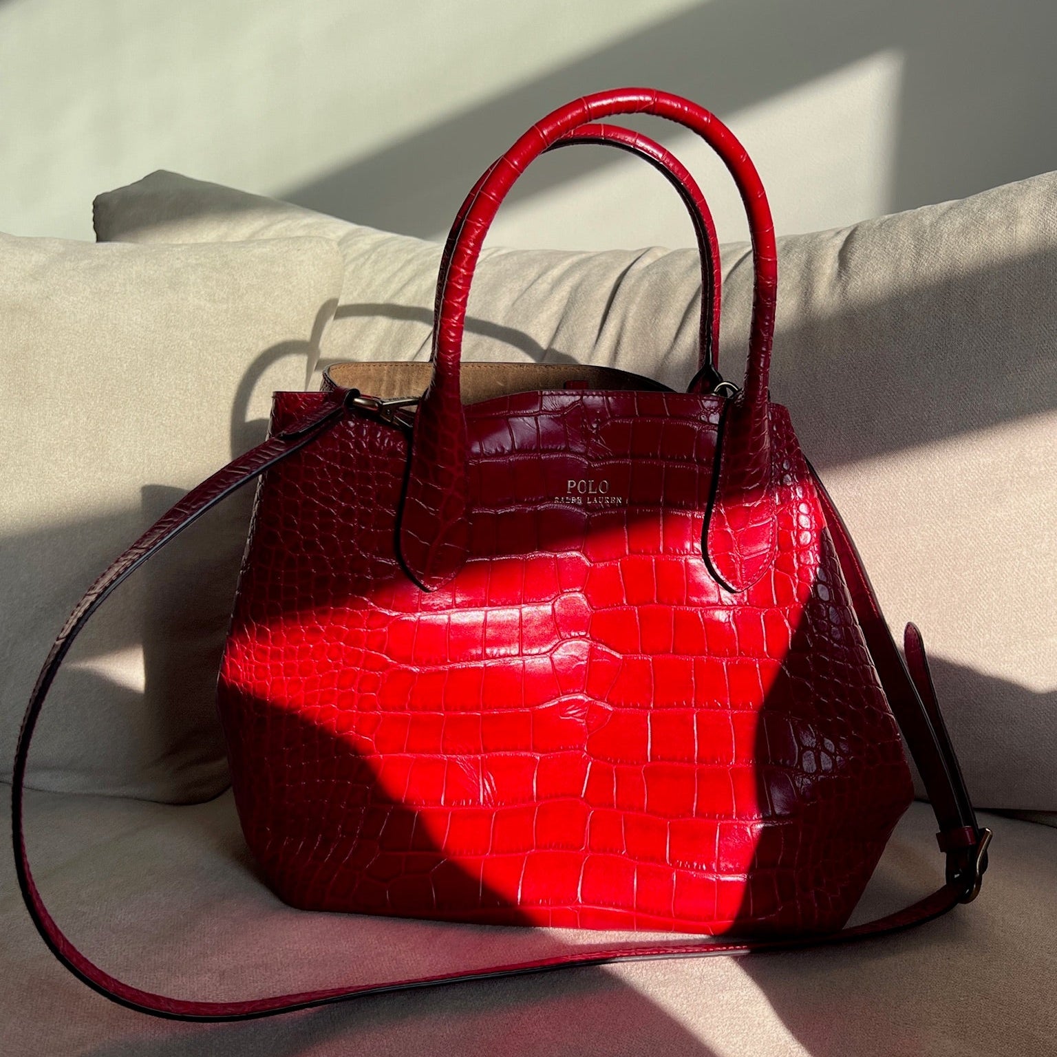 Red Polo Ralph Lauren Bellport Embossed Tote, Medium