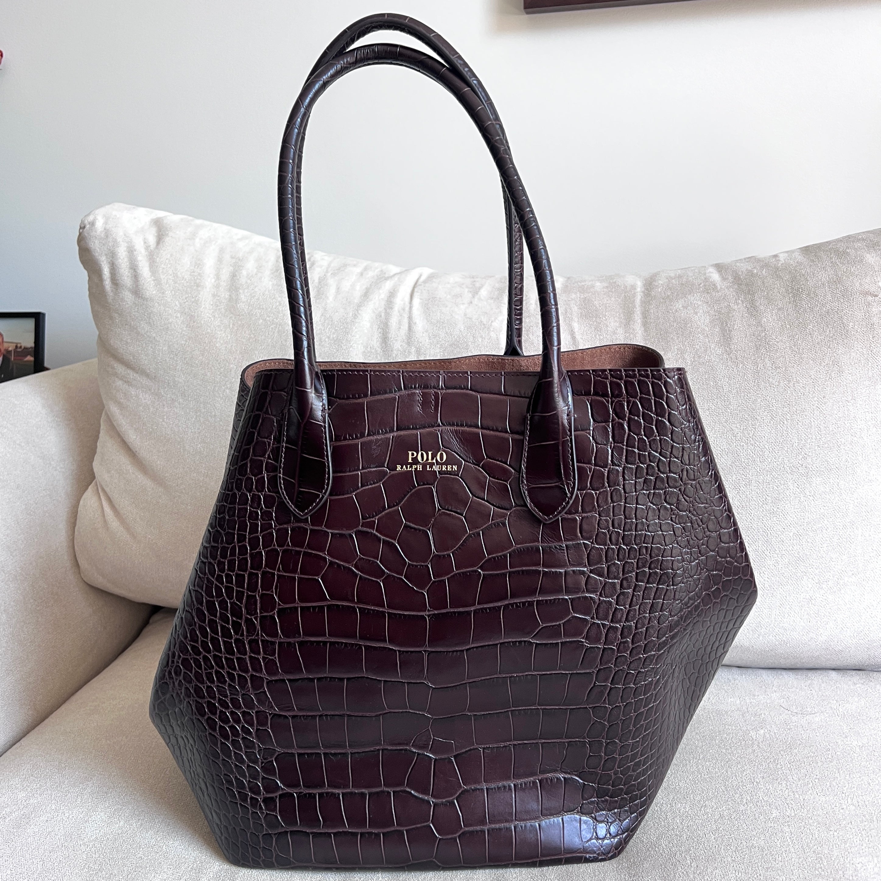 Brown Polo Ralph Lauren Bellport Embossed Tote, Large