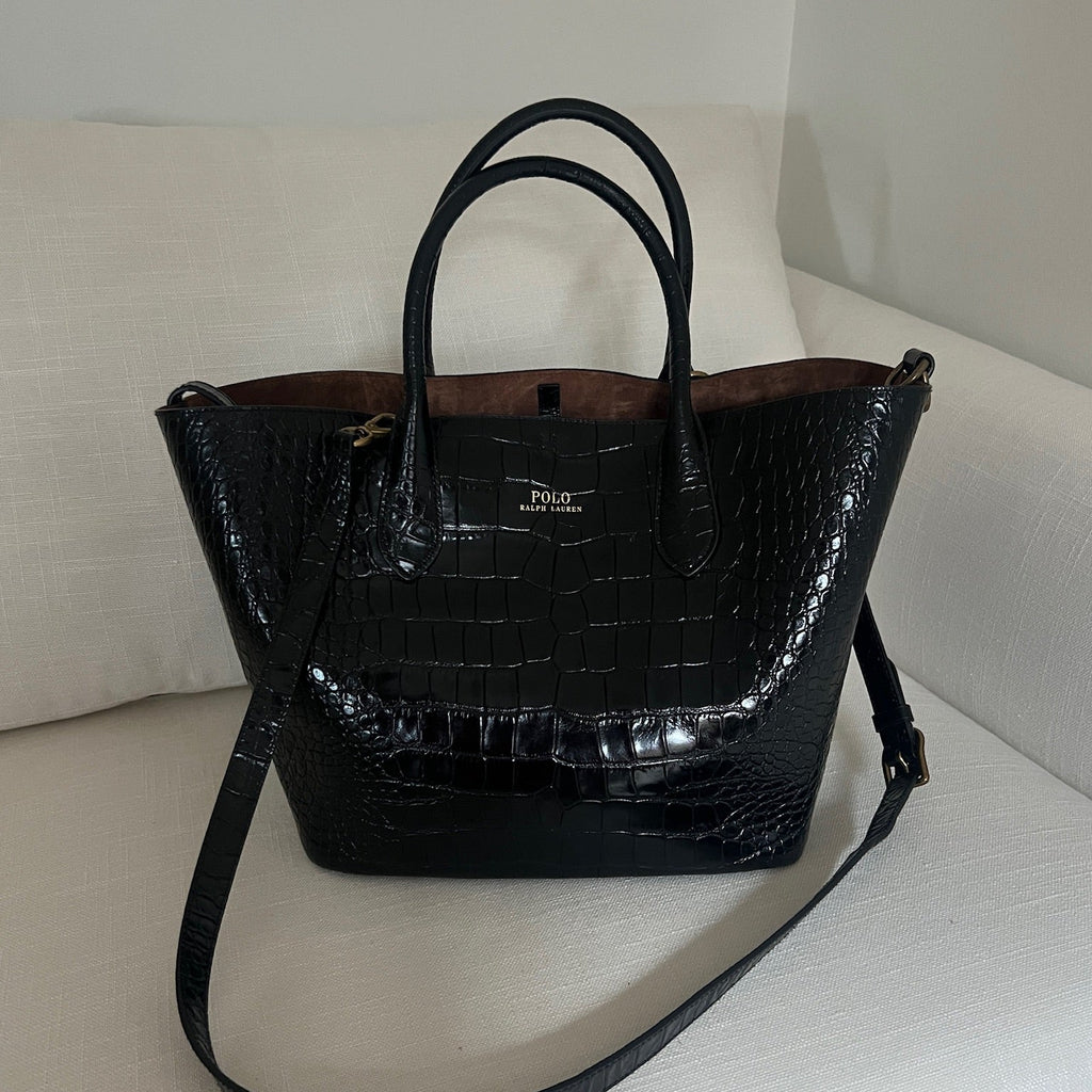 Black Polo Ralph Lauren Bellport Embossed Tote, Medium