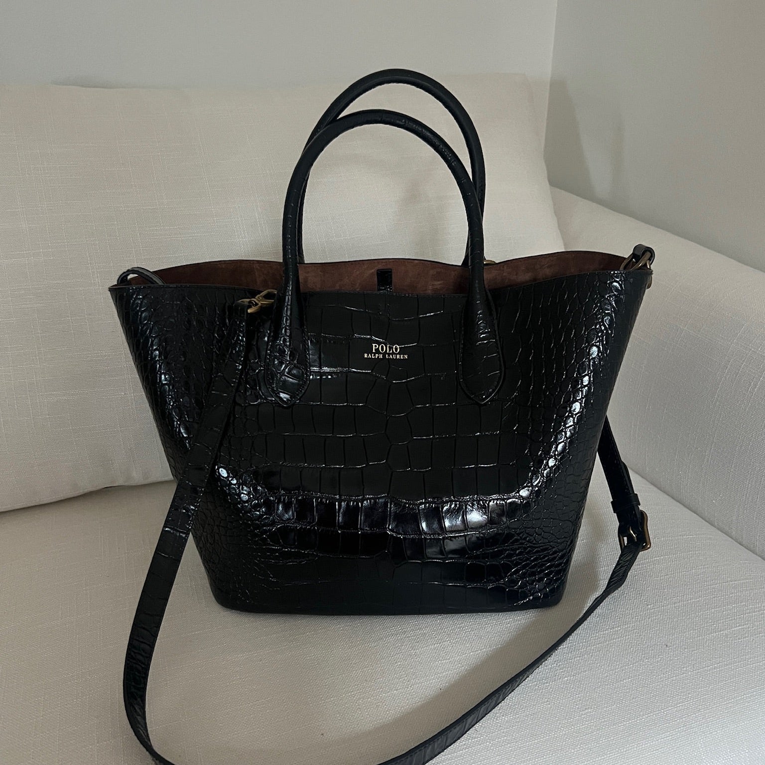 Black Polo Ralph Lauren Bellport Embossed Tote, Medium