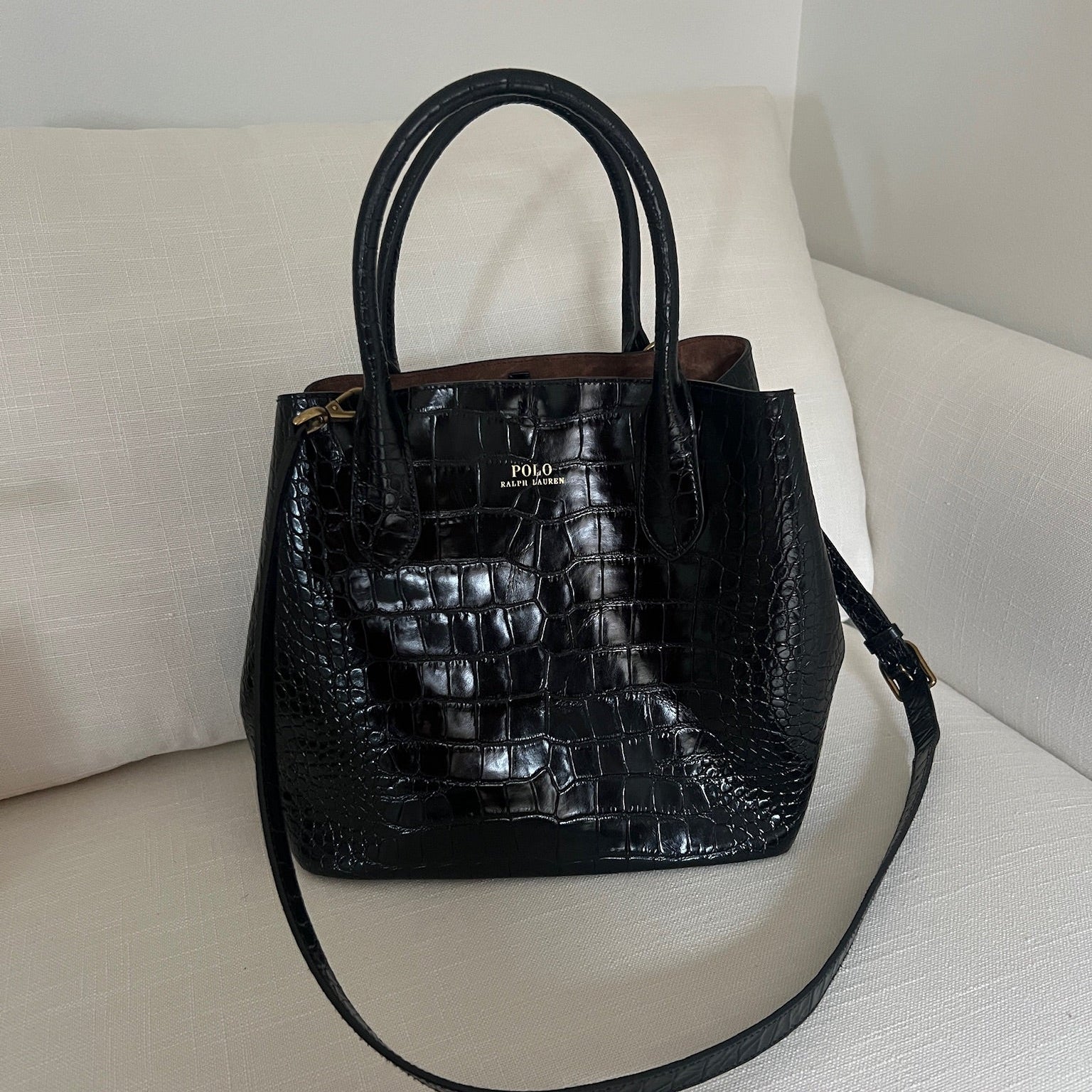 Black Polo Ralph Lauren Bellport Embossed Tote, Medium