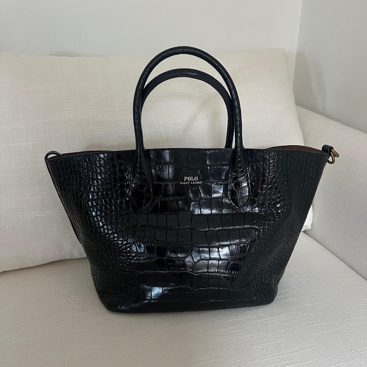 Black Polo Ralph Lauren Bellport Embossed Tote, Medium