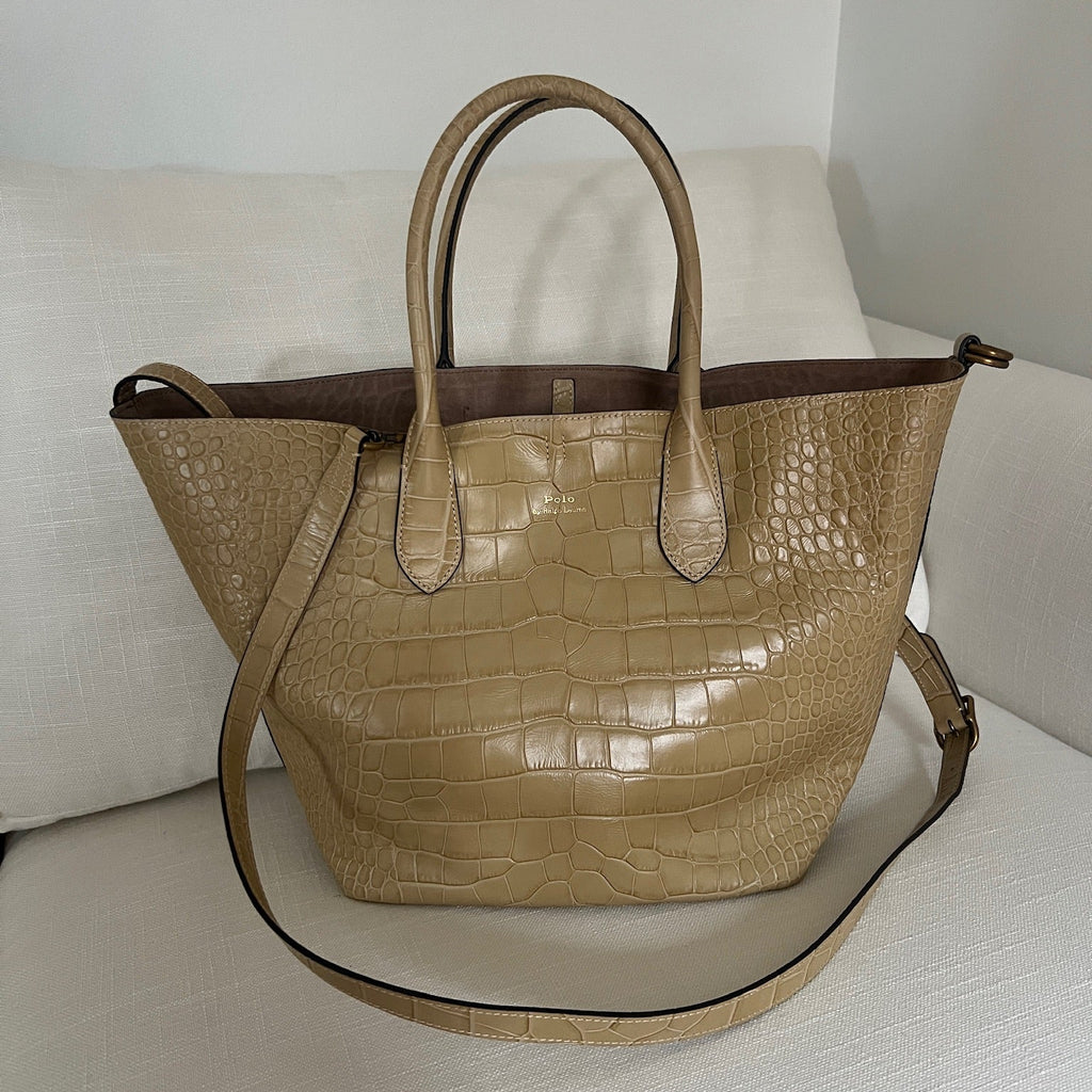 Camel Polo Ralph Lauren Bellport Embossed Tote, Medium