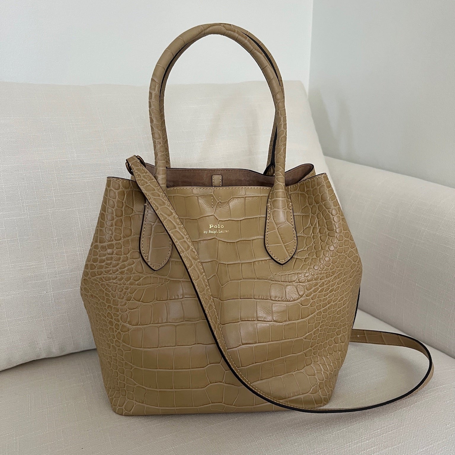 Camel Polo Ralph Lauren Bellport Embossed Tote, Medium