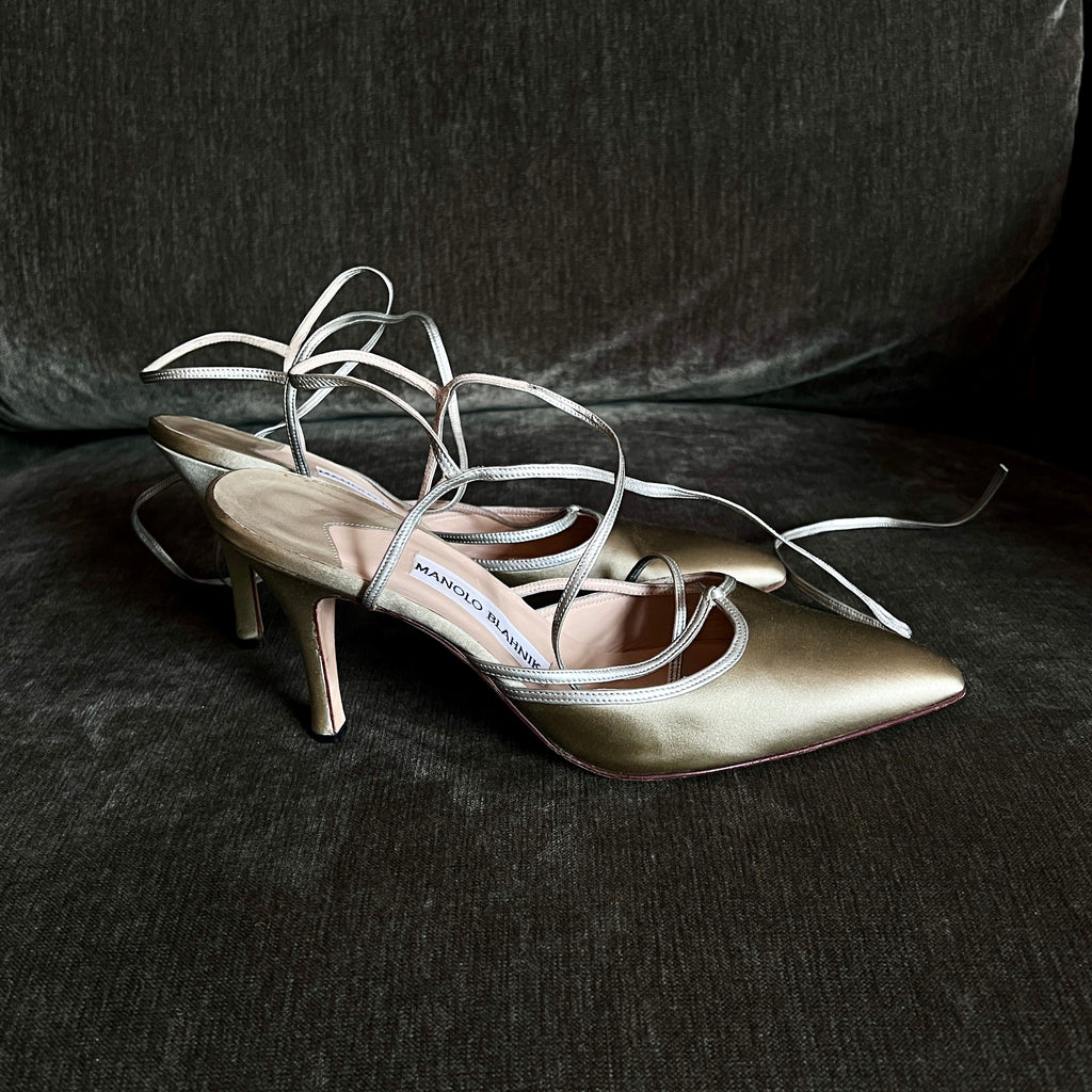 Manolo Blahnik Gold Metallic Lace-up Heels, 39