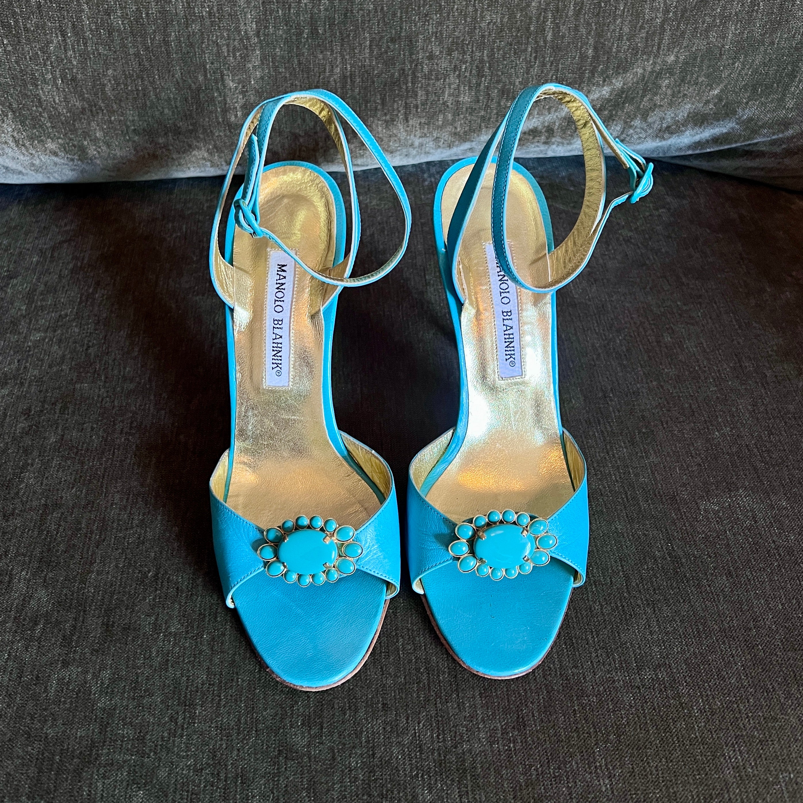 Manolo Blahnik Turquoise Embellished Heels, 38