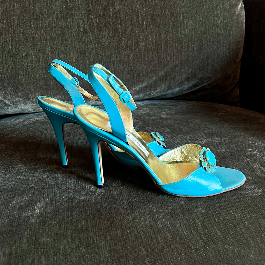 Manolo Blahnik Turquoise Embellished Heels, 38