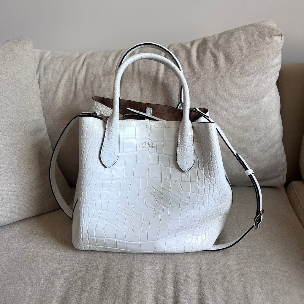 White Polo Ralph Lauren Bellport Embossed Tote, Medium