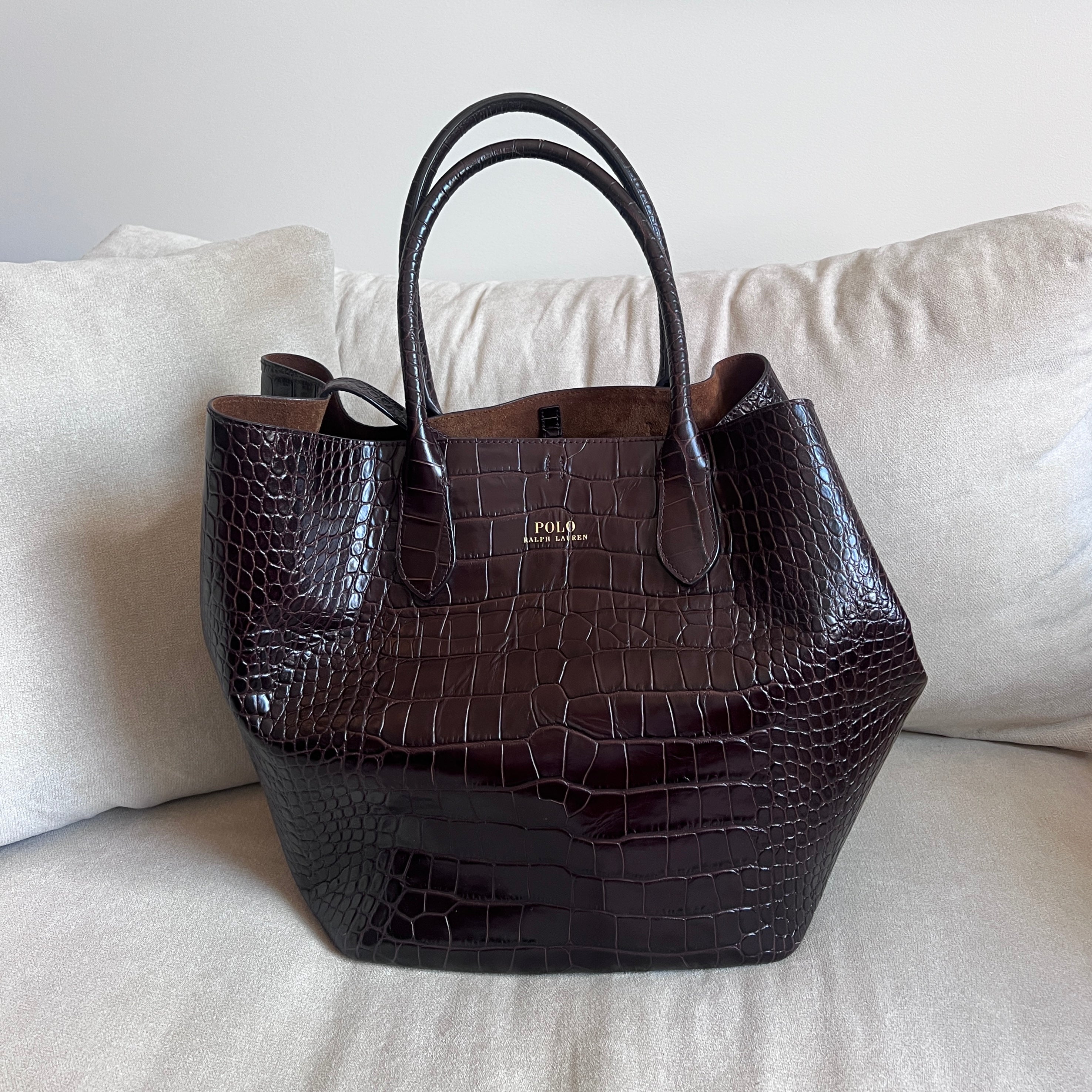 Brown Polo Ralph Lauren Bellport Embossed Tote, Large